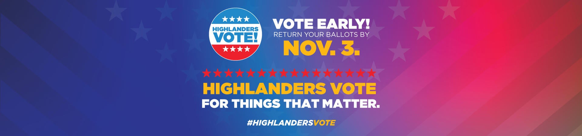 Red, white and blue Highlanders Votes logo with the tagline, Vote Early! Return your ballots by Nov. 3., HIGHLANDERS VOTE for things that matter., #HighlandersVOTE